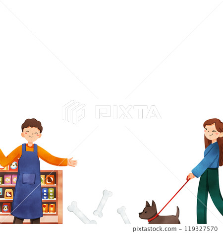 A pet shop,Man welcomes a woman entering the store with her dog, handdrawn watercolor painting frame 119327570