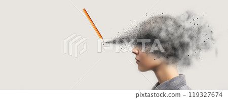 A child\'s head transforms into clouds of creativity, as a pencil brings ideas to life, merging thought with whimsical visions. 119327674