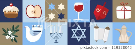 Happy Hanukkah modern web banner, frame grid. Geometric festive Jewish Holiday decorative border with chanukija candleholder, wine, dreidel toy. Doughnut, dove, apple. Vector illustration background. Happy Hanukkah modern web banner, frame grid. Geometric festive Jewish Holiday decorative border with chanukija candleholder, wine, dreidel toy. Doughnut, dove, apple. Vector illustration background. 119328043