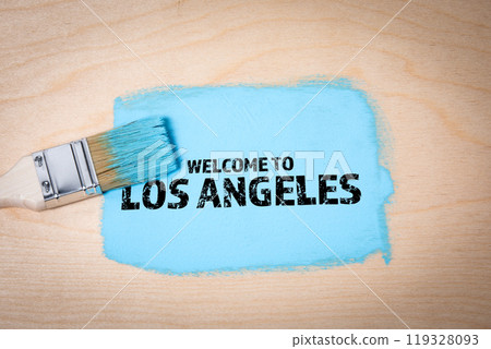 Welcome to Los Angeles. Blue paint and paint brush on wooden background 119328093
