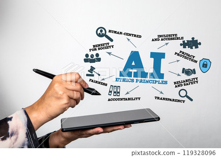 AI Ethics Principles. Illustration with icons, keywords and arrows. Tablet in woman's hands 119328096