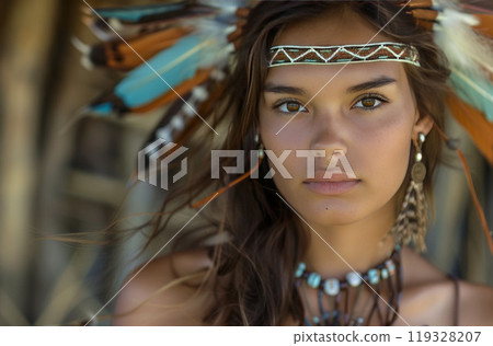 Native american woman portrait in headdress with feather. Ethnic indian costume. Young traditional adorable girl 119328207