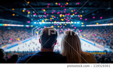 Couple standing in focus in foreground, watching ice rink against the blurry, brightly lit arena. 119328361