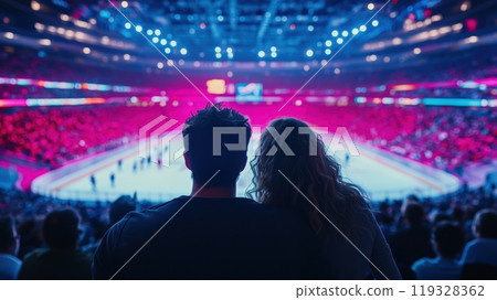 Couple standing in focus in foreground, watching ice rink against the blurry, brightly lit arena. 119328362