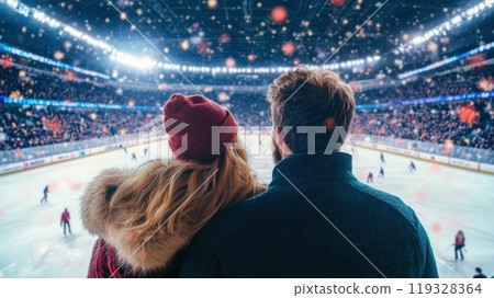 Couple standing in focus in foreground, watching ice rink against the blurry, brightly lit arena. 119328364