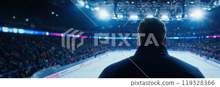 Coach watching intently from sidelines as athletes compete on the ice, the arena glowing under bright lights during a winter sport match. 119328366
