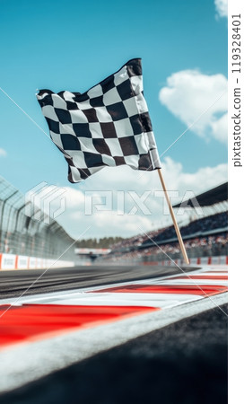 Checkered flag waving in the wind against blue sky, signaling end of race, with a racetrack and a crowded stadium in the background. 119328401