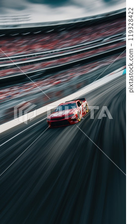 Vertical image of red race car speeding around curved track, leaving trail of motion blur as it navigates the track amidst a crowded stadium. Vertical image of red race car speeding around curved track, leaving trail of motion blur as it navigates the track amidst a crowded stadium. 119328422