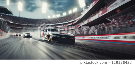 Race car speeding down track, kicking up dust and leaving trail of motion blur as it competes against other cars in front of cheering crowd at stadium. 119328423