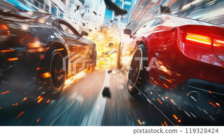 High-speed car chase through speedway, black car and red car racing side by side, sparks flying and debris scattering as they collide. 119328424