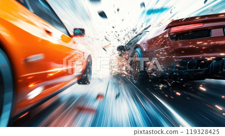 Two high-speed racing cars, one orange and one red, competing head-to-head on blurred track, with sparks flying. Car crush 119328425