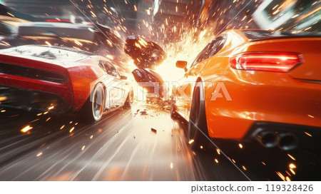 Thrilling car race scene with red and orange car colliding and sparks, fire parts flying amidst chaotic backdrop. Car accident. 119328426