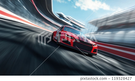 Race car, blurred with motion, speeding around track with red and white stripes, creating sense of intense speed and excitement. 119328427