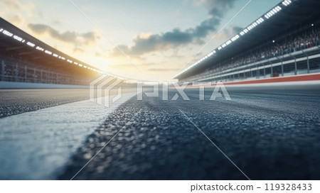 Low angle view of empty race track stretching into distance, with white line dividing asphalt. Crowd of spectators visible in stands Low angle view of empty race track stretching into distance, with white line dividing asphalt. Crowd of spectators visible in stands 119328433
