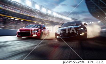 Two red Chevrolet cars racing side by side on racetrack, with a blurred background of a crowded stadium and bright lights. 119328434