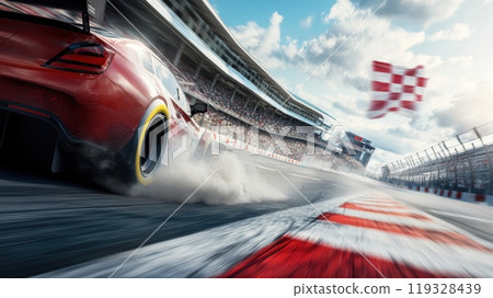 Low angle view of race car, tires screeching and smoke trailing behind, as it speeds towards the finish line with checkered flag Low angle view of race car, tires screeching and smoke trailing behind, as it speeds towards the finish line with checkered flag 119328439