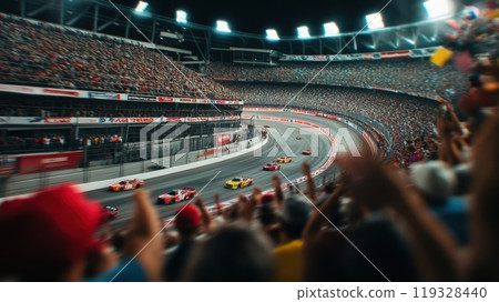 Excitement of a NASCAR race, with multiple cars speeding around track and massive crowd of cheering spectators filling the stadium. Excitement of a NASCAR race, with multiple cars speeding around track and massive crowd of cheering spectators filling the stadium. 119328440