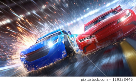 Two racing cars, blue and red, competing on brightly lit racetrack, with sparks flying from their wheels symbolizing high speed. Nascar race Two racing cars, blue and red, competing on brightly lit racetrack, with sparks flying from their wheels symbolizing high speed. Nascar race 119328446