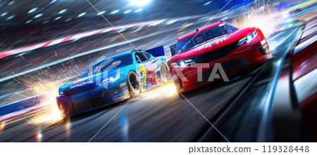 Two racing cars, red and blue, speeding down track, with sparks flying from wheels as they compete for lead. Nascar race Two racing cars, red and blue, speeding down track, with sparks flying from wheels as they compete for lead. Nascar race 119328448