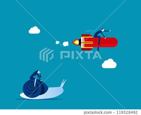 Boost fast speed to win business competition, high performance employee, competitive advantage winner, innovation or skill to success concept, businessman winner riding rocket, another on slow snail. 119328492