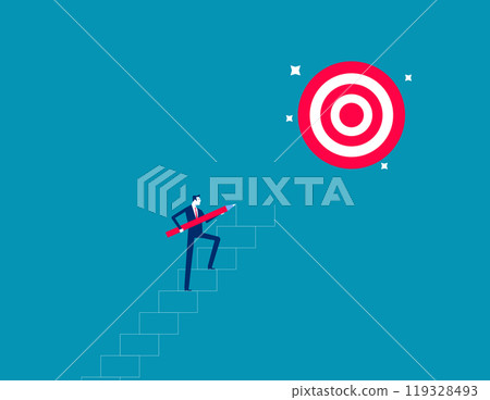 Build stair to reach target, career success or progress to achievement, business goal or future succeed, effort to grow career path concept, businessman use pencil to draw stair step to reach success. 119328493