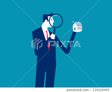 Property appraisal or price evaluation, housing assessment for market value, residential sale, rating or real estate review concept, businessman appraiser magnifier review property with star rating. 119328495