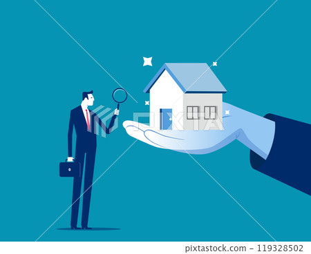 Property appraisal or price evaluation, housing assessment for market value, residential sale, rating or real estate review concept, businessman appraiser magnifier review property with star rating. Property appraisal or price evaluation, housing assessment for market value, residential sale, rating or real estate review concept, businessman appraiser magnifier review property with star rating. 119328502