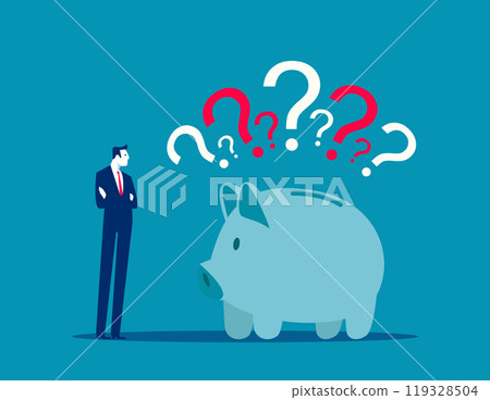 Saving problem concept. Banking or economic uncertainty. Finance question, doubt or confusion, contemplation or money solution, wealth concept, confused businessman with piggybank and question marks. 119328504