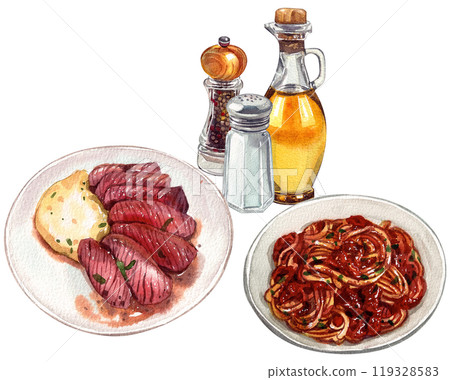 tuscan beef steak pasta bolognese italian food,watercolor painting hand-drawn illustration 119328583
