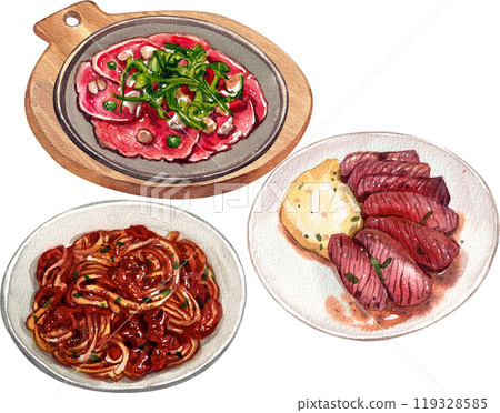 carpaccio tuscan beef steak pasta bolognese italian food,watercolor painting hand-drawn illustration 119328585