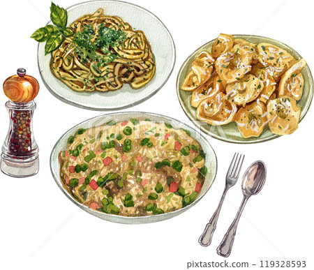 risi e bisi italian food,watercolor painting hand-drawn illustration 119328593