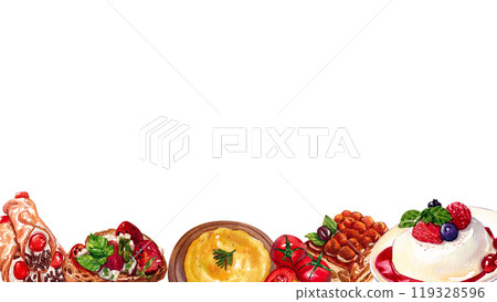 Tiramisu,Polenta,Cannoli,Italian Food, Horizontal frame watercolor painting hand-drawn 119328596