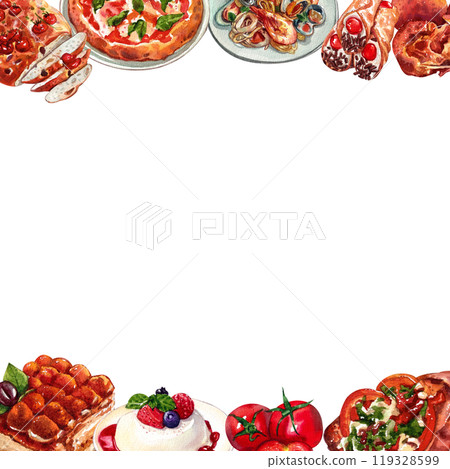 Vegan focaccia,Tiramisu,Panna cotta,Pizza,Italian Food Square frame watercolor painting hand-drawn 119328599