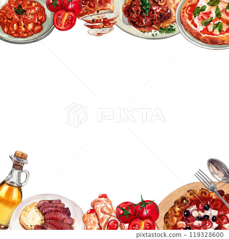 Florentine steak,Olive oil,Pizza romana,Gnocchi,Italian Food Square frame watercolor painting hand-drawn 119328600