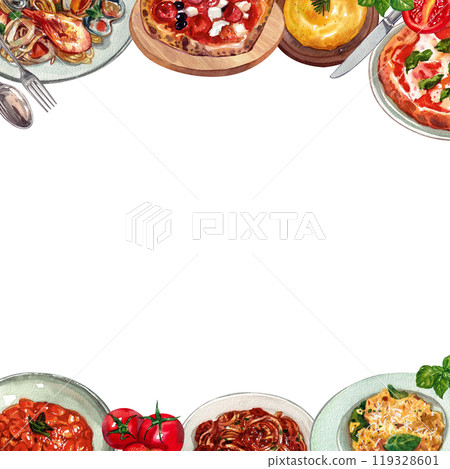 Polenta,Pizza romana,Seafood spaghetti,Italian Food Square frame watercolor painting hand-drawn 119328601