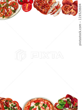 Caprese salad,Vegan focaccia,Bruschetta,Italian Food Vertical frame watercolor painting hand-drawn Caprese salad,Vegan focaccia,Bruschetta,Italian Food Vertical frame watercolor painting hand-drawn 119328604