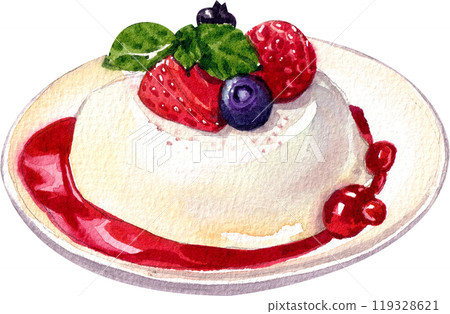 panna cotta italian desserts,watercolor painting hand-drawn illustration 119328621
