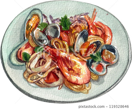seafood spaghetti italian food,watercolor painting hand-drawn illustration 119328646