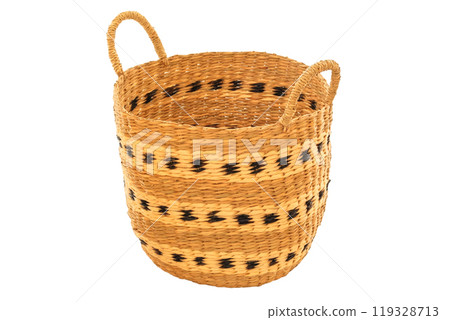 Wicker basket isolated on white background. Straw basket for storage use. Cozy lifestyle. Rustic bag. 119328713