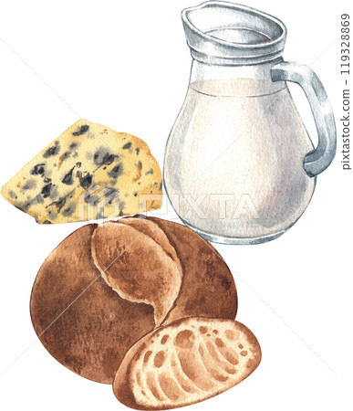 An almond milk jug, blue cheese, and sourdough bread, hand-drawn watercolor illustration 119328869