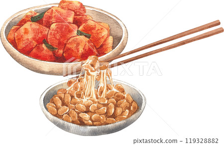 Kimchi plate and natto plate with chopsticks, hand-drawn watercolor illustration 119328882