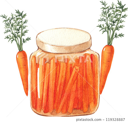A jar of pickled carrots with baby carrots beside it, hand-drawn watercolor illustration A jar of pickled carrots with baby carrots beside it, hand-drawn watercolor illustration 119328887