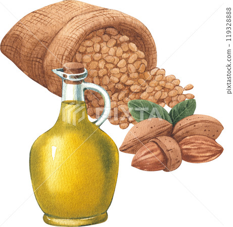 A sack of soybeans being poured out next to almond seeds with olive oil in the front, hand-drawn watercolor illustration A sack of soybeans being poured out next to almond seeds with olive oil in the front, hand-drawn watercolor illustration 119328888