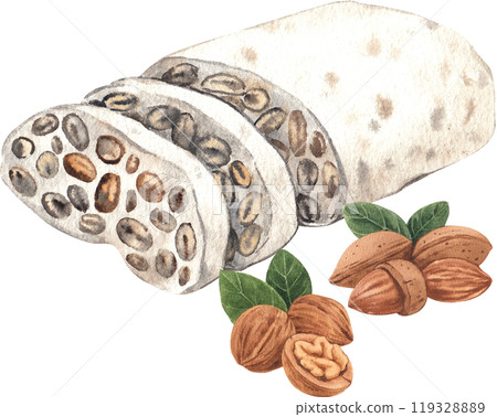 Three slices of tempeh with almonds and walnuts placed beside them, hand-drawn watercolor illustration Three slices of tempeh with almonds and walnuts placed beside them, hand-drawn watercolor illustration 119328889