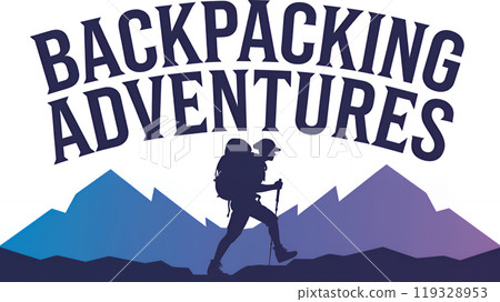 emblem with tourist with a backpack and trekking poles in the mountains. simple minimalistic design logo emblem with tourist with a backpack and trekking poles in the mountains. simple minimalistic design logo 119328953