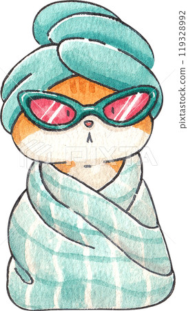 Trendy cat wearing a cover with stylish glasses and a shower cap, hand-drawn watercolor illustration 119328992