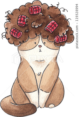 Brown curly-haired cat, hand-drawn watercolor illustration 119328994