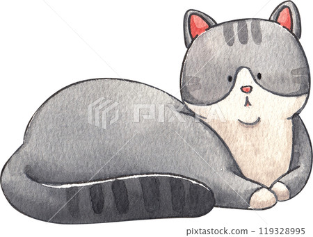 Gray cat sitting and staring at something, hand-drawn watercolor illustration Gray cat sitting and staring at something, hand-drawn watercolor illustration 119328995