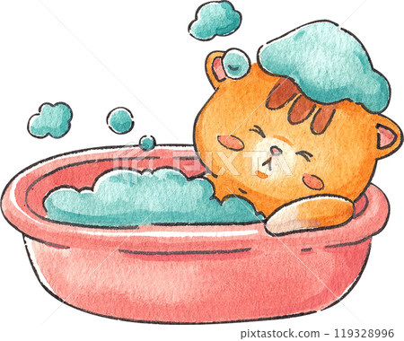 Orange cat lounging in soapy water in a bathtub, hand-drawn watercolor illustration 119328996