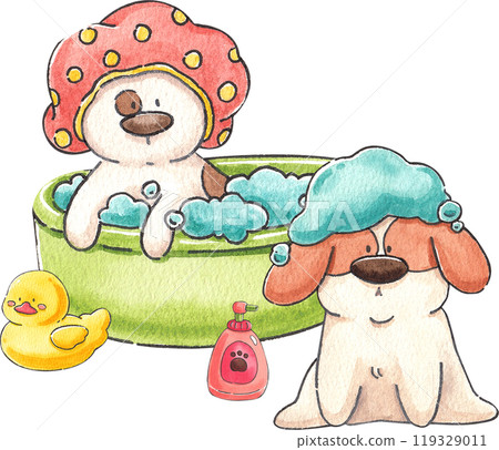 Dog soaking in a tub with a yellow rubber duck and another dog with bubbles on its head, hand-drawn watercolor composition Dog soaking in a tub with a yellow rubber duck and another dog with bubbles on its head, hand-drawn watercolor composition 119329011